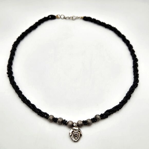 Handmade‎ Triple Strand Black Seed Beads Silver Tribal Heart and Textured Beads - Picture 2 of 4